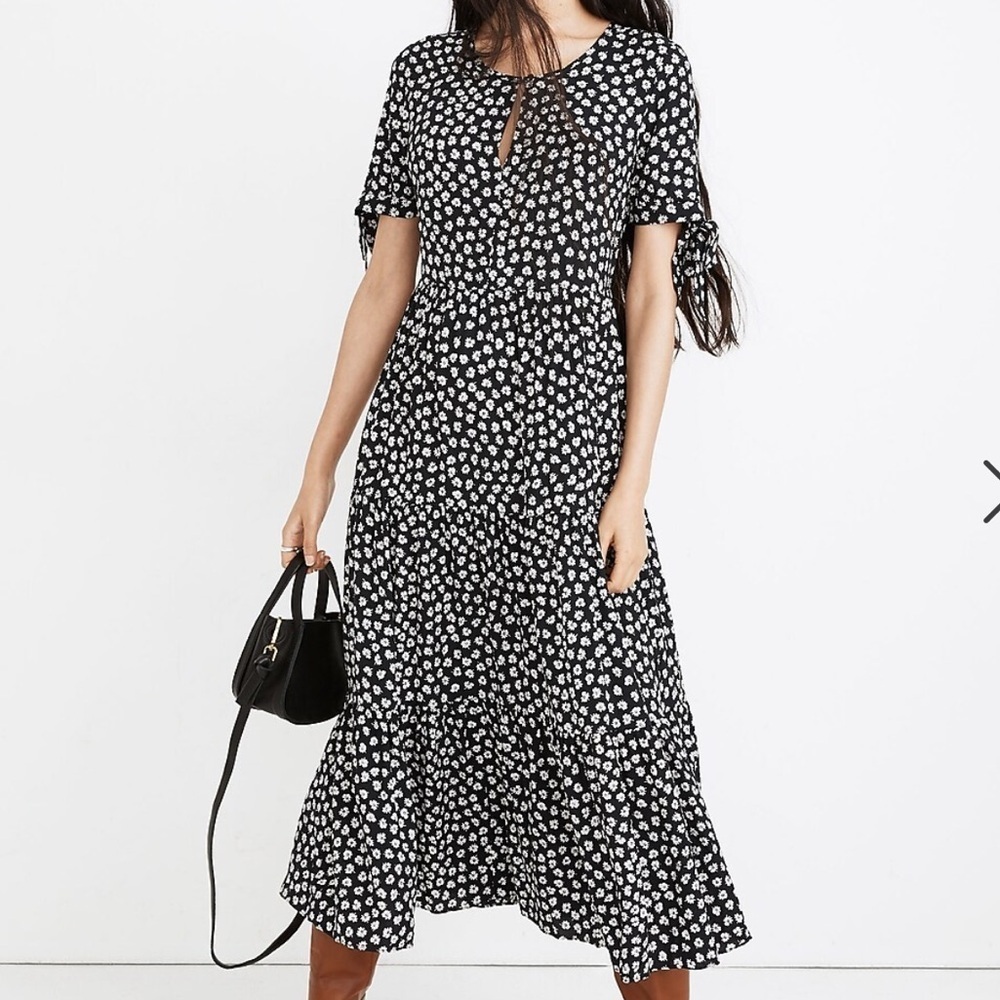 Madewell black with wood cut flowers Thai sleeved tiered midi dress